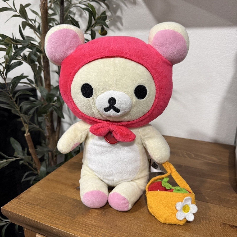 San-X Rilakkuma Plush Premium Korilakkuma Hood Stuffed Bear Strawberry Basket